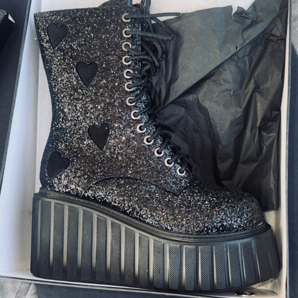 Black Glitter Creeper Boots - Lamoda - Size 6 - New In Box